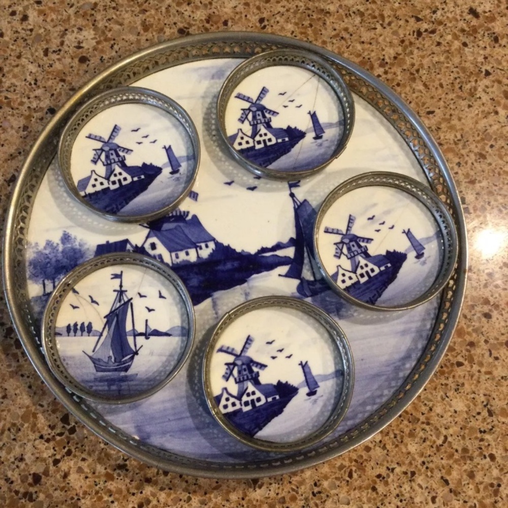 Vintage PORCELAIN DUTCH WINDMILL SAILBOAT TRAY COASTERS GERMANY, # 3470